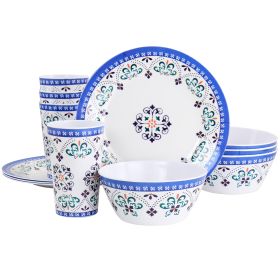 Gibson Everyday Alhambra Blues 12 Piece Melamine Dinnerware Set in Blue and White