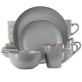 Gibson Home Rockaway 16 Piece Stoneware Dinnerware Set (Option: Gold Rimmed, Color: Grey)