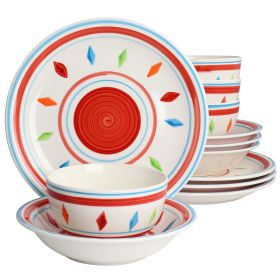 Gibson Home Heidy 12 Piece Hand Painted Durastone Dinnerware Set (Color: Red)