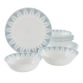 Ultra by Gibson Piper Point 12 Piece Opal Glass Dinnerware Set (Color: White With Blue Accents)