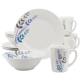 Gibson Home 12 Piece Round Fine Ceramic Dinnerware Set (Option: Blue Leaves Decorated, Color: White)