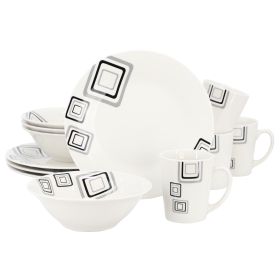 Gibson Home 12 Piece Round Fine Ceramic Dinnerware Set (Option: Black Squares, Color: White)