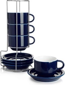 Tea Sets, 8 Ounce Porcelain Cappuccino Cups with Saucers and Metal Stand - for Specialty Coffee Drinks, Teaware Sets Set of 4 (Color: navy)