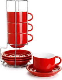 Tea Sets, 8 Ounce Porcelain Cappuccino Cups with Saucers and Metal Stand - for Specialty Coffee Drinks, Teaware Sets Set of 4 (Color: Red)