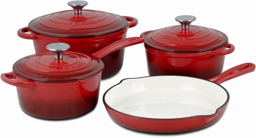 Basque Enameled Cast Iron Cookware Set, 7-Piece Set, Nonstick, Oversized Handles, Oven Safe; 10.25" Skillet, 2QTSaucepan (Color: BSQ-002)