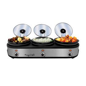 MegaChef Triple 2.5 Quart Slow Cooker and Buffet Server in Brushed Finish with 3 Ceramic Cooking Pots and Removable Lid Rests (Color: Silver and Black)