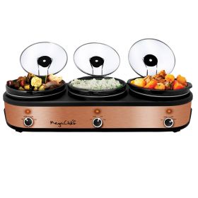 MegaChef Triple 2.5 Quart Slow Cooker and Buffet Server in Brushed Finish with 3 Ceramic Cooking Pots and Removable Lid Rests (Color: Copper and Black)