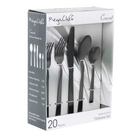 MegaChef Cravat 20 Piece Flatware Utensil Set, Stainless Steel Silverware Metal Service for 4 (Color: Matte Black)