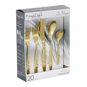 Megachef La Vague 20 Piece Flatware Utensil Set, Stainless Steel Silverware Metal Service for 4 (Color: Matte Gold)